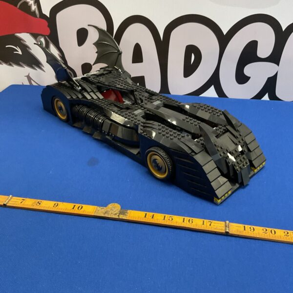 Detailed building brick Batmobile model for collectors and enthusiasts.