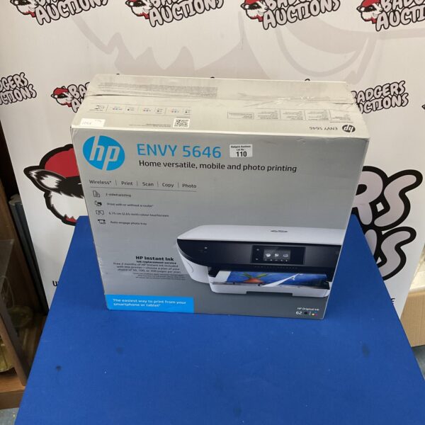 HP Envy 5646 wireless printer in box, side view.
