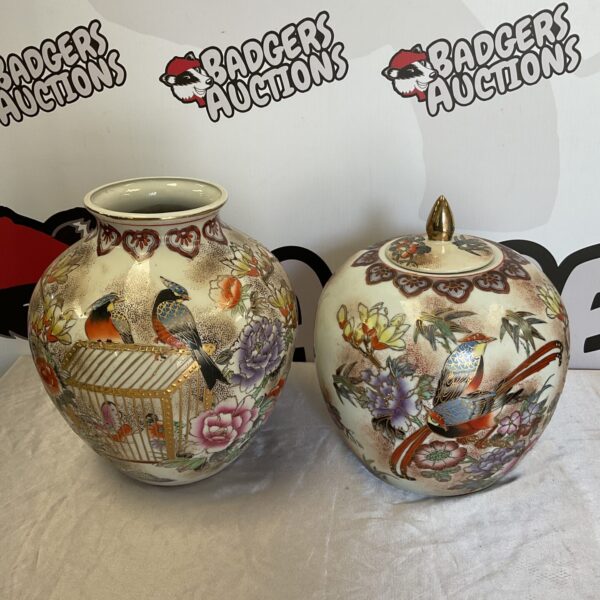 Vintage hand-painted bird vase and lidded urn, collectible porcelain.