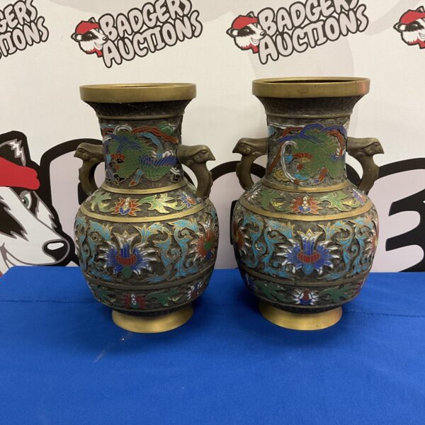 Antique Japanese cloisonné vases, a beautiful pair of bronze oriental art.