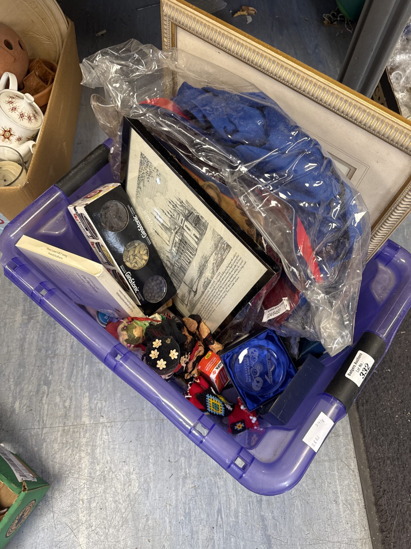 367 Box of mixed items inc tourist dolls, paperweight & others