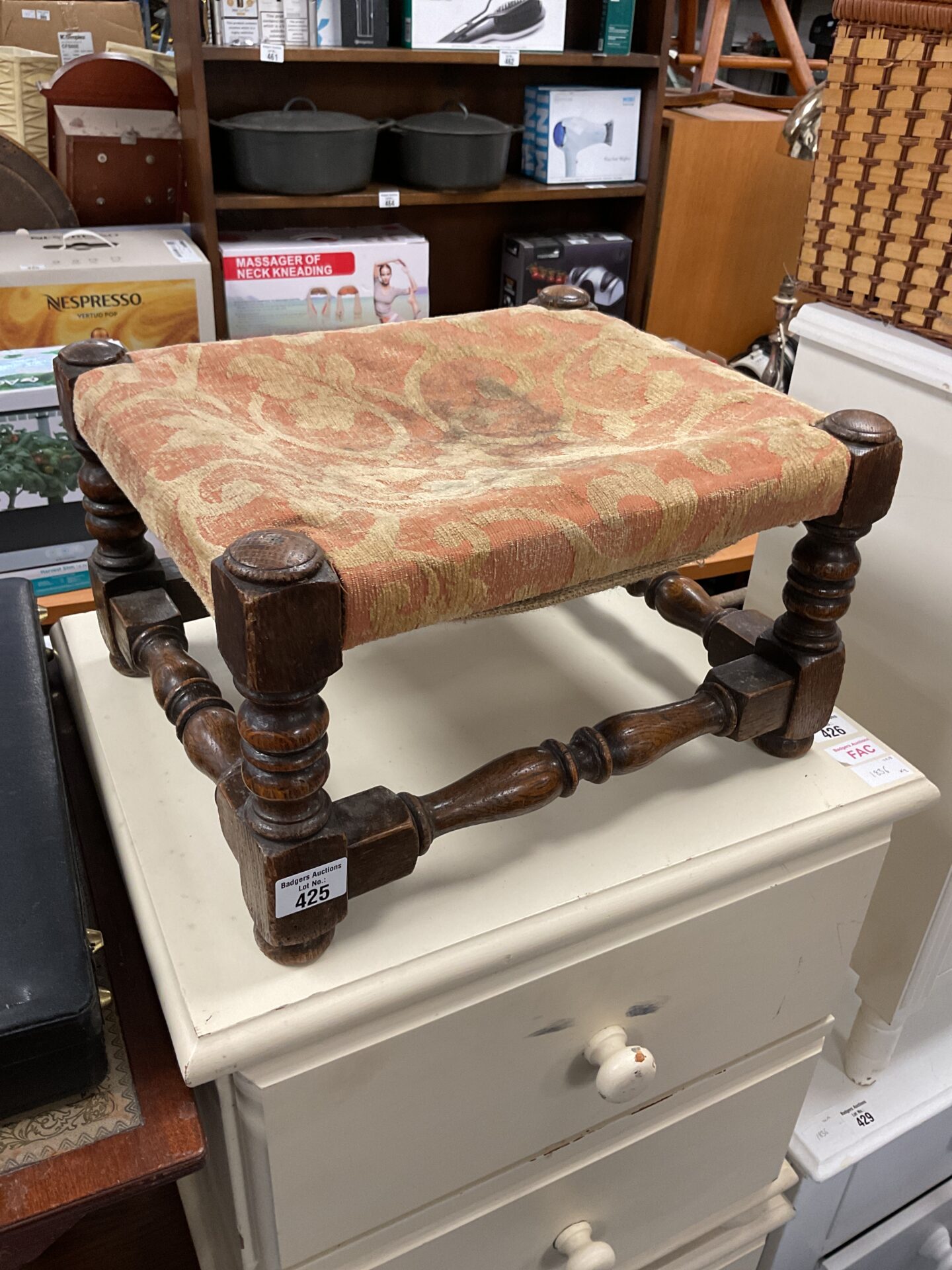 425 Antique Fabric Topped Footstool