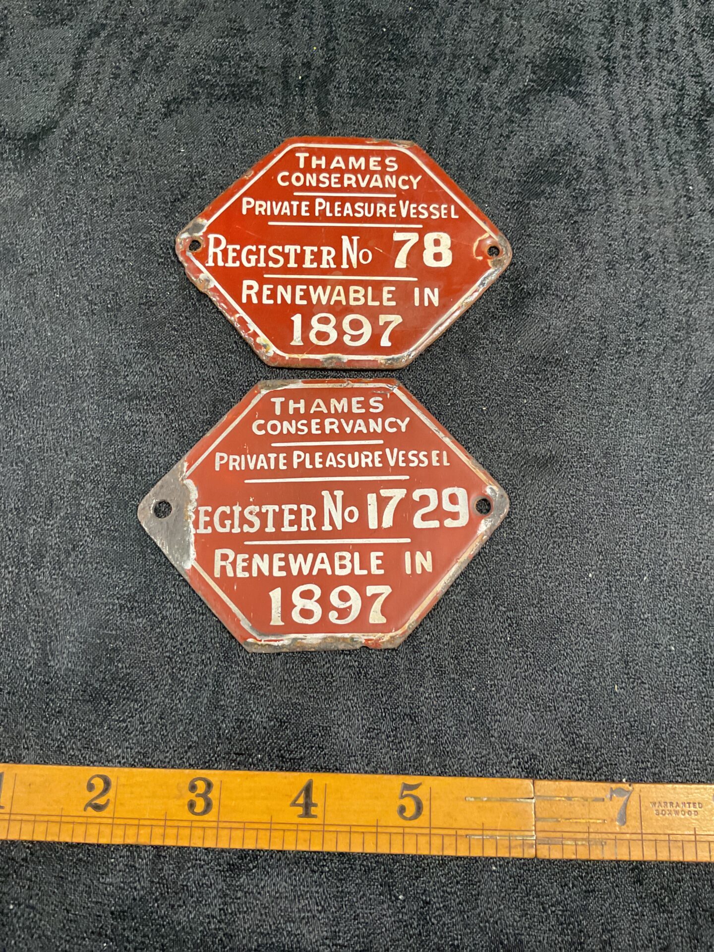 745 Two Thames conservancy enamel private pleasure vessel registration plates 1897