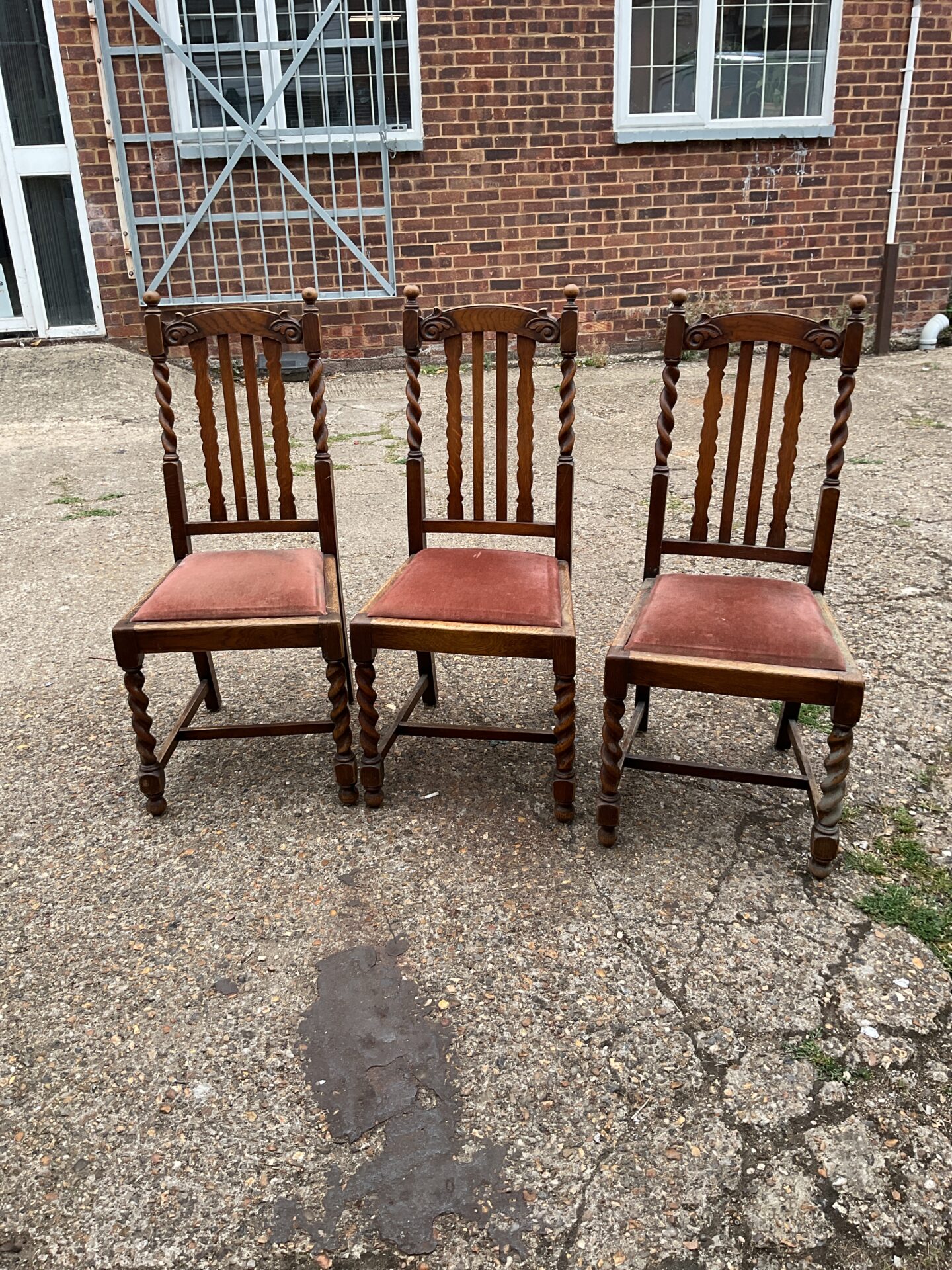 596 Three antique barley twist dining chairs