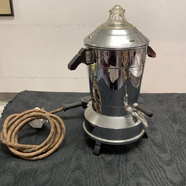 Vintage 1960s electric coffee percolator with stainless steel finish.