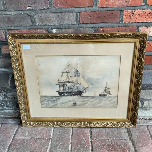 19th-century nautical watercolour painting of a steam warship at sea.