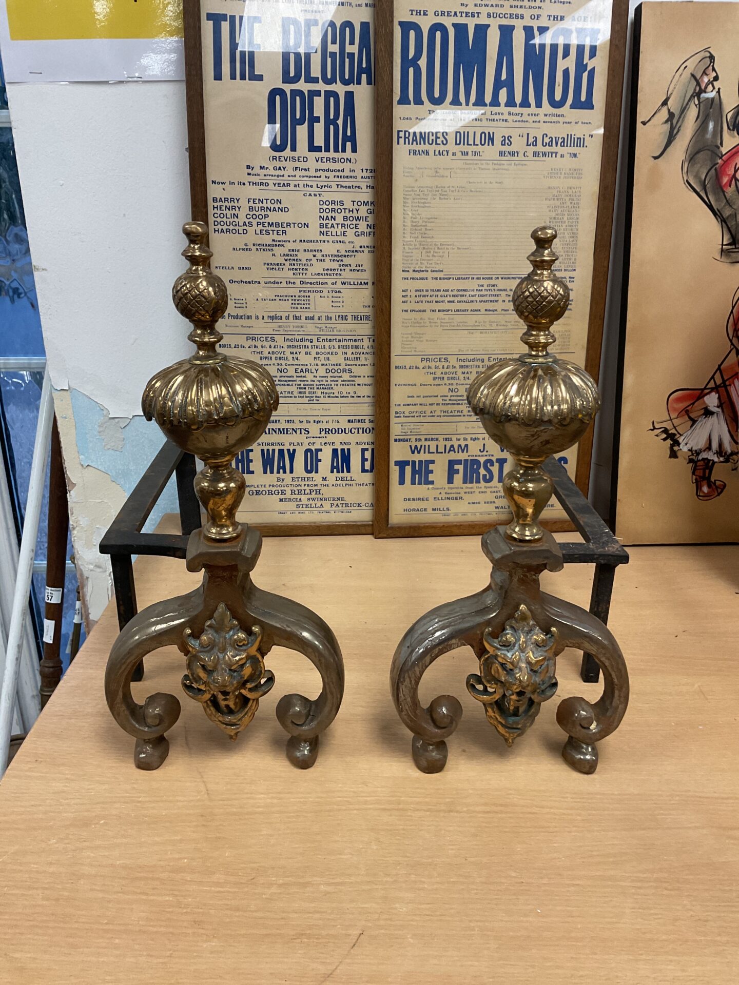 014 Antique pair of brass & wrought iron fire dogs with dragon head on front