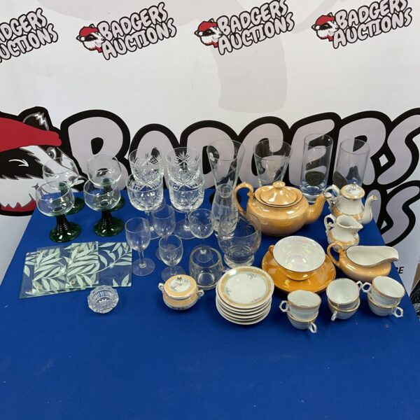 Mixed lot of miniature porcelain teaset and vintage glassware collection.