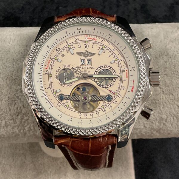 Front view of a reproduction aviator style automatic watch.