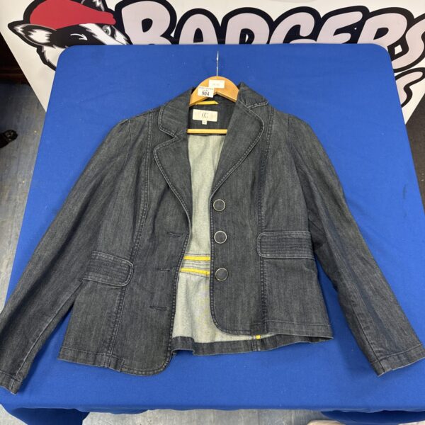 Light wash ladies denim jacket size 10, casual style.