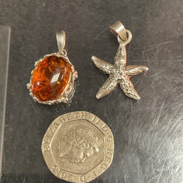 Close-up of a 925 silver pendant with a vibrant orange cabochon.