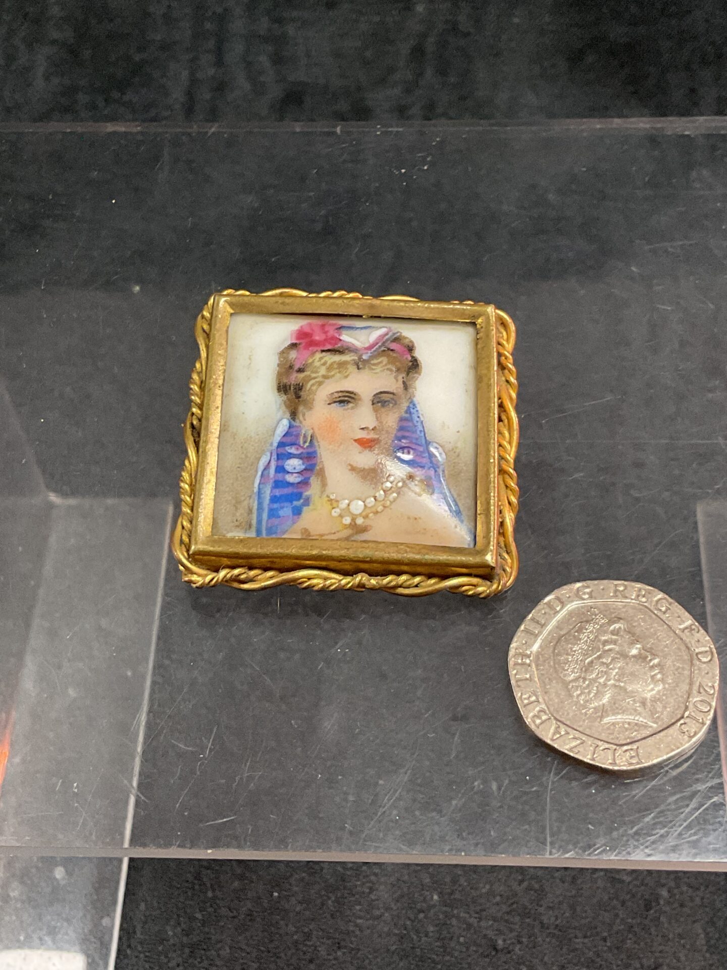 803 Antique Limoges France hand painted porcelain tile brooch in gilt twist wire frame
