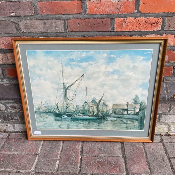 Framed Spencer Dixon print of ships in a harbour scene.