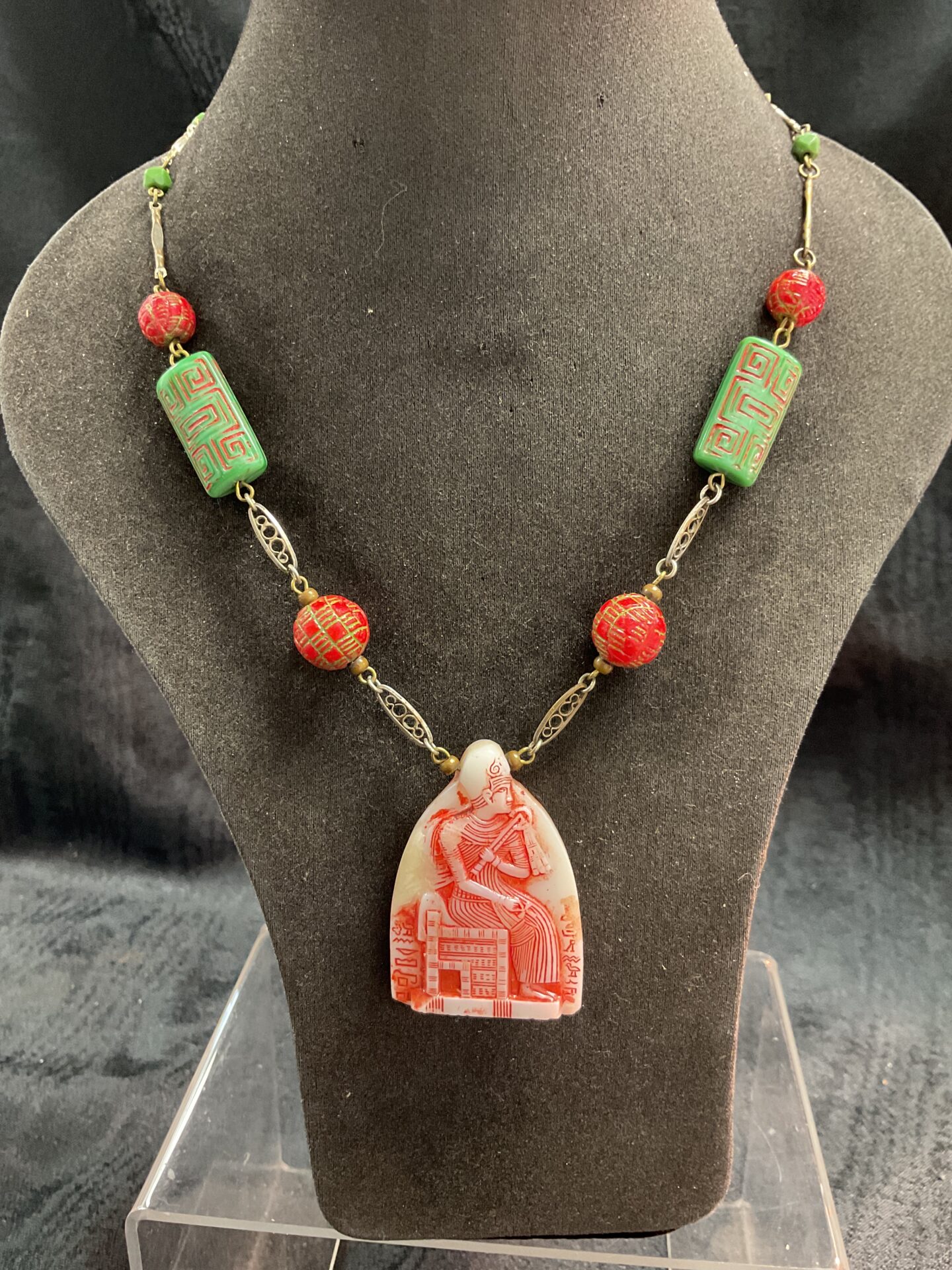 804 Antique Egyptian carved stone pendant with carved bead necklace