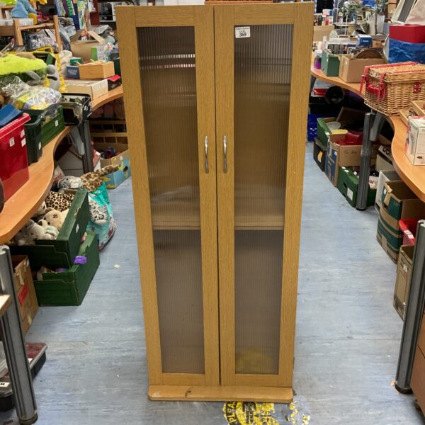 Vintage oak effect display cabinet with glass front.