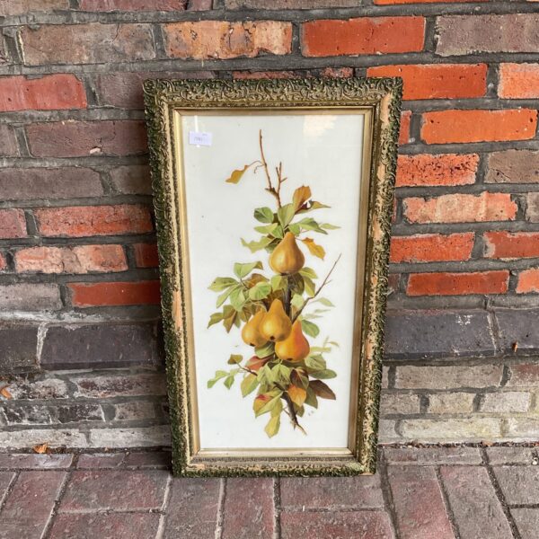 Antique 19th-century pear still life oil painting on opaque glass.