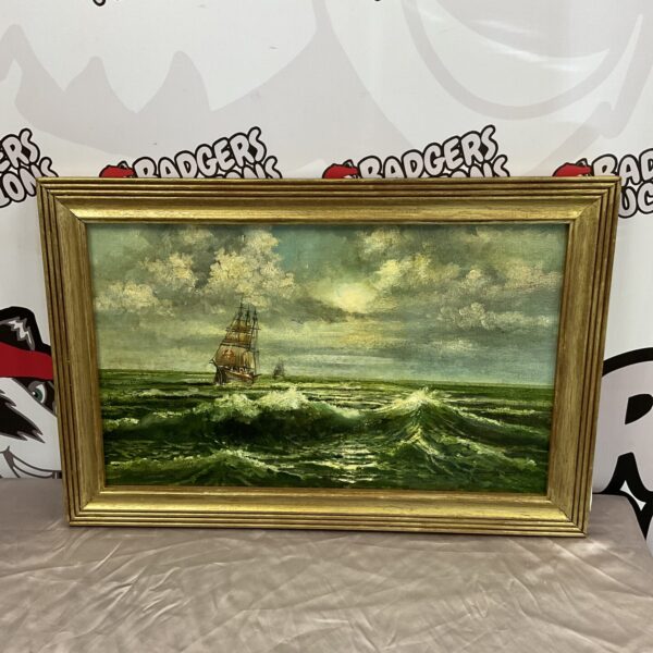 Vintage J Sands oil painting of sail ships at sea.