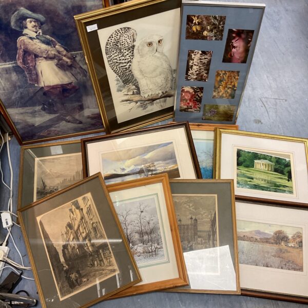 Large lot of assorted framed prints and vintage artwork for wall decor.