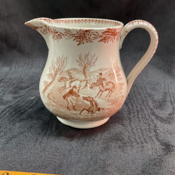Antique Malkin pottery jug with field sports transferware design.