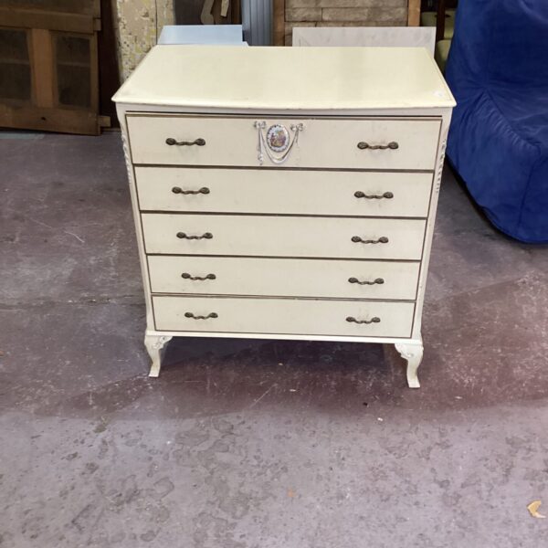Antique five-drawer bedroom cabinet with painted finish.