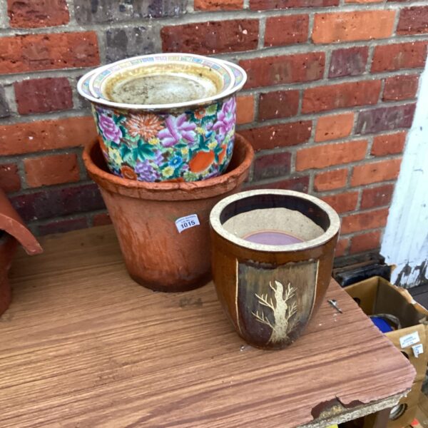 Selection of three garden pots, terracotta and ceramic.
