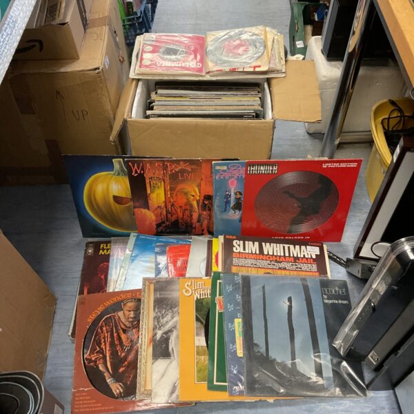 Vinyl record collection featuring Fleetwood Mac and Thunder albums.