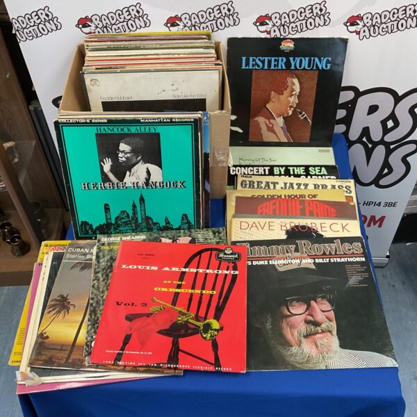 Lot of vintage jazz vinyl records including Herbie Hancock and Lester Young.