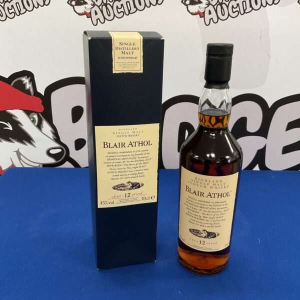 Boxed bottle of Blair Athol Highland Single Malt Scotch Whiskey.