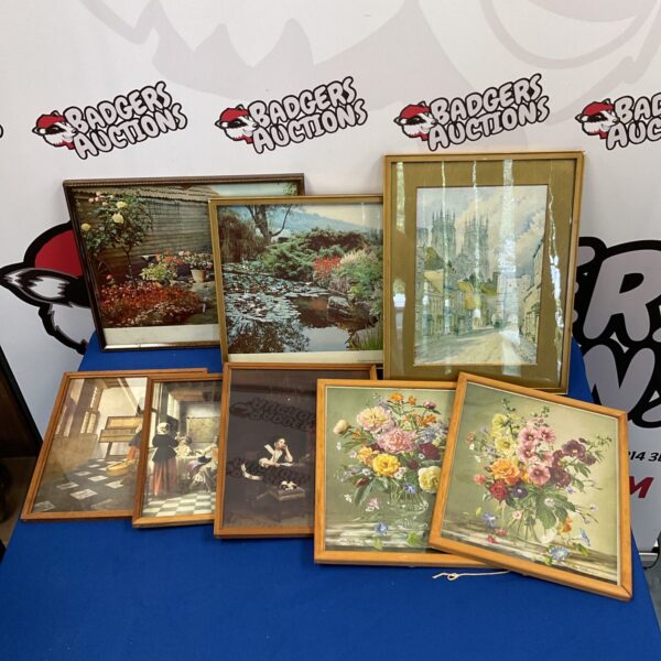 Collection of vintage framed still life prints for wall decor.