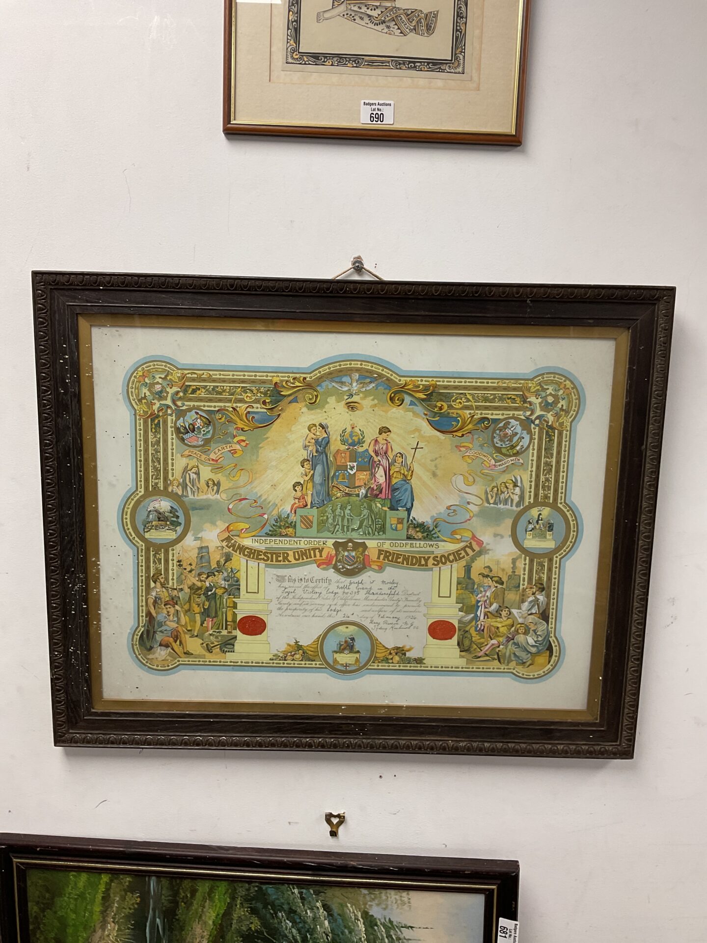 691 Independent order of oddfellows framed masonic certificate