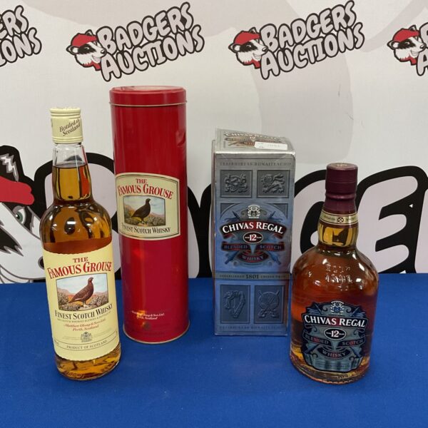 Sealed bottles of Chivas Regal 12 Year Old and Famous Grouse Scotch whisky.