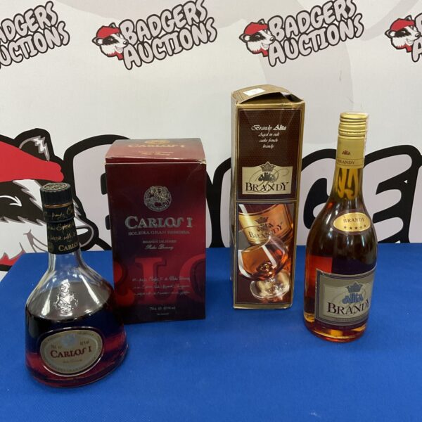 Spanish brandy collection featuring Alita and Carlos I bottles.
