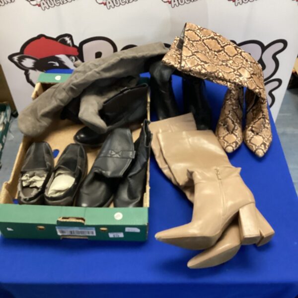 Assorted ladies boots lot including leopard print knee-high styles.