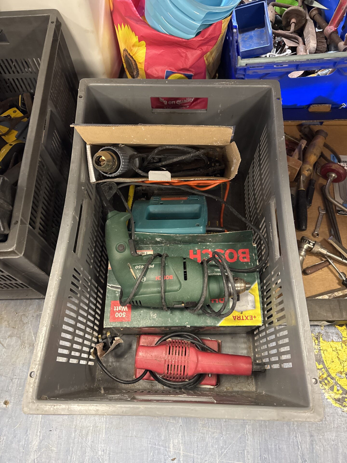 1096 Crate of mixed power tools inc heat gun & others