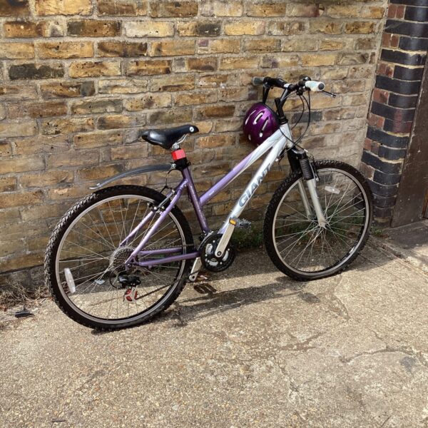 Purple vintage Giant Rock ladies mountain bike presented as viewed.