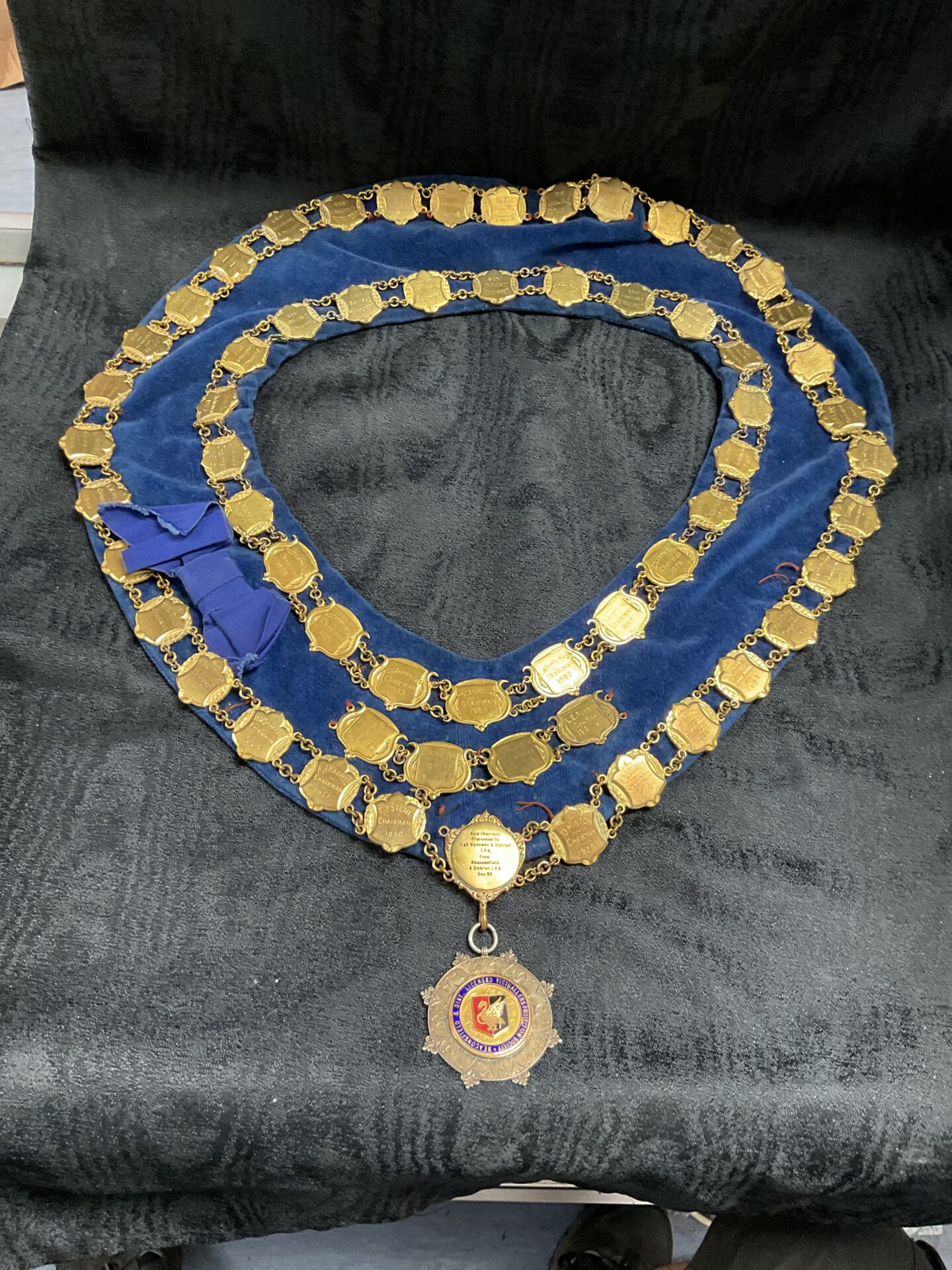 766 High Wycombe and beaconsfield L V A Licenced victuallers society chairman’s Collar with brass plaques dating from 1950s to 1980s And with silver enamel medal for beaconsfield and district