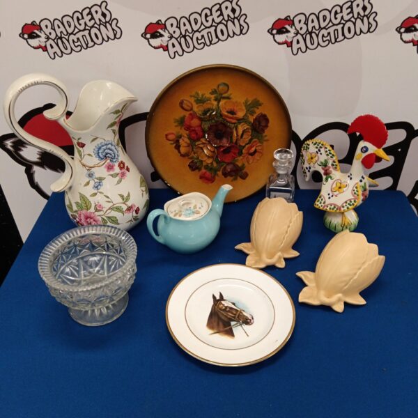 Vintage porcelain and china lot with floral pitcher and glass bowl.