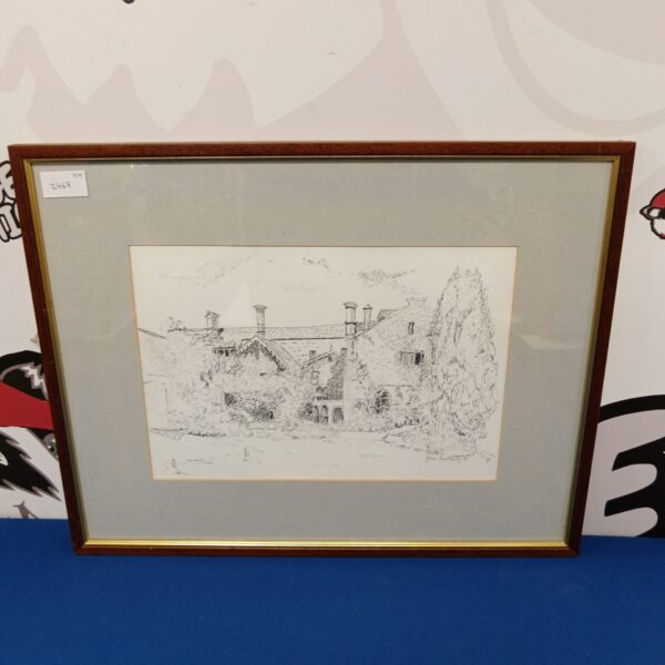 Vintage pen and ink drawing of a country cottage by Joan Harding.