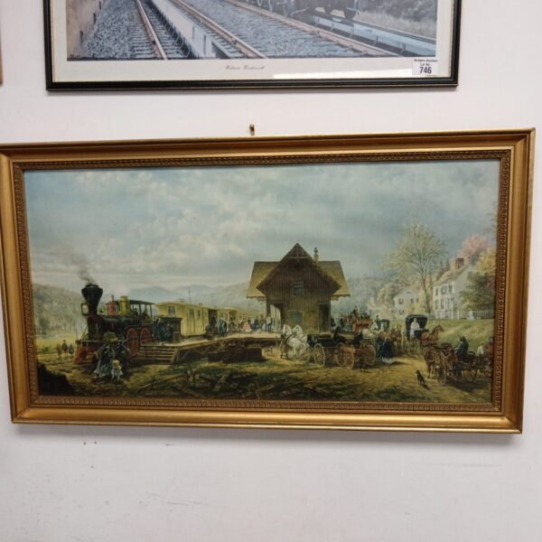 Vintage steam train print at a bustling station scene.