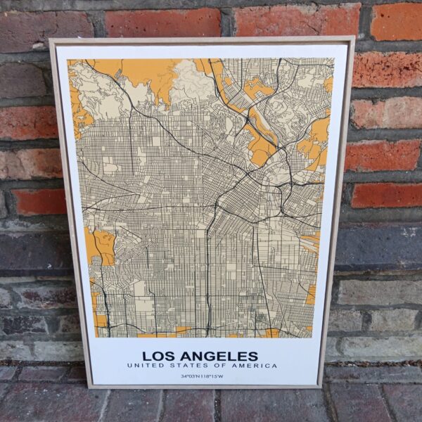Framed Los Angeles map print on canvas, detailed city street map.