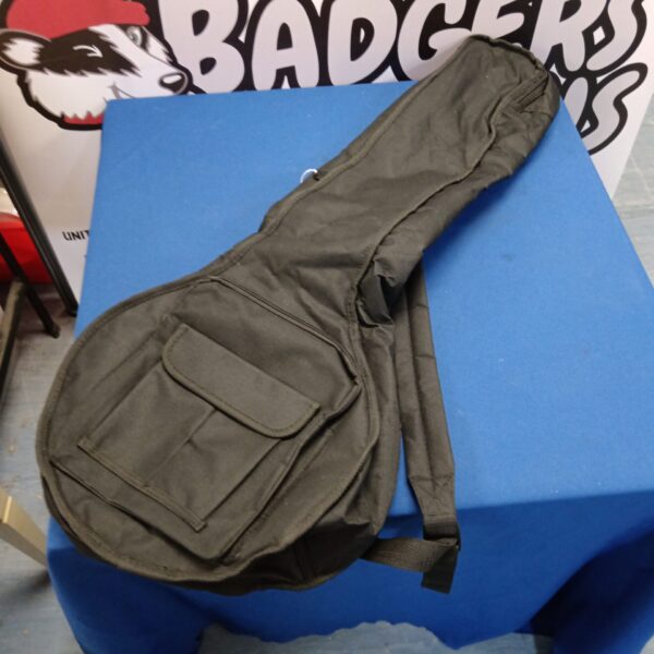 Dark-coloured banjo gig bag with shoulder strap.