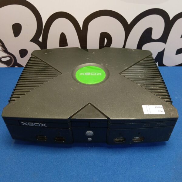 Front view of a black and green Microsoft Xbox console.