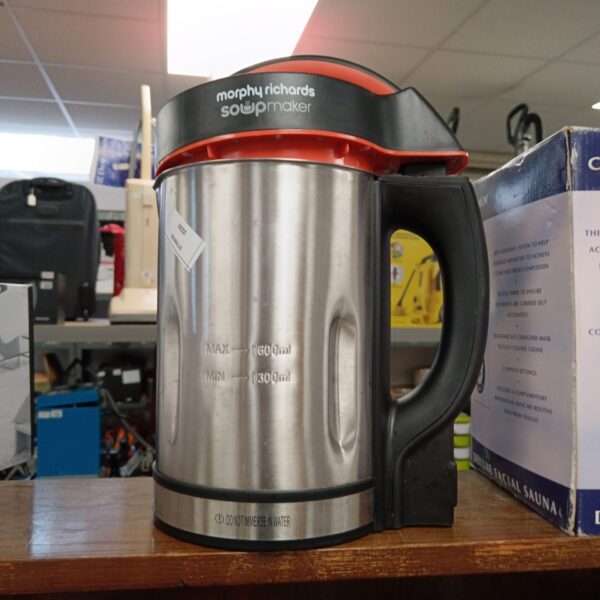 Front view of a stainless steel Morphy Richards soup maker.
