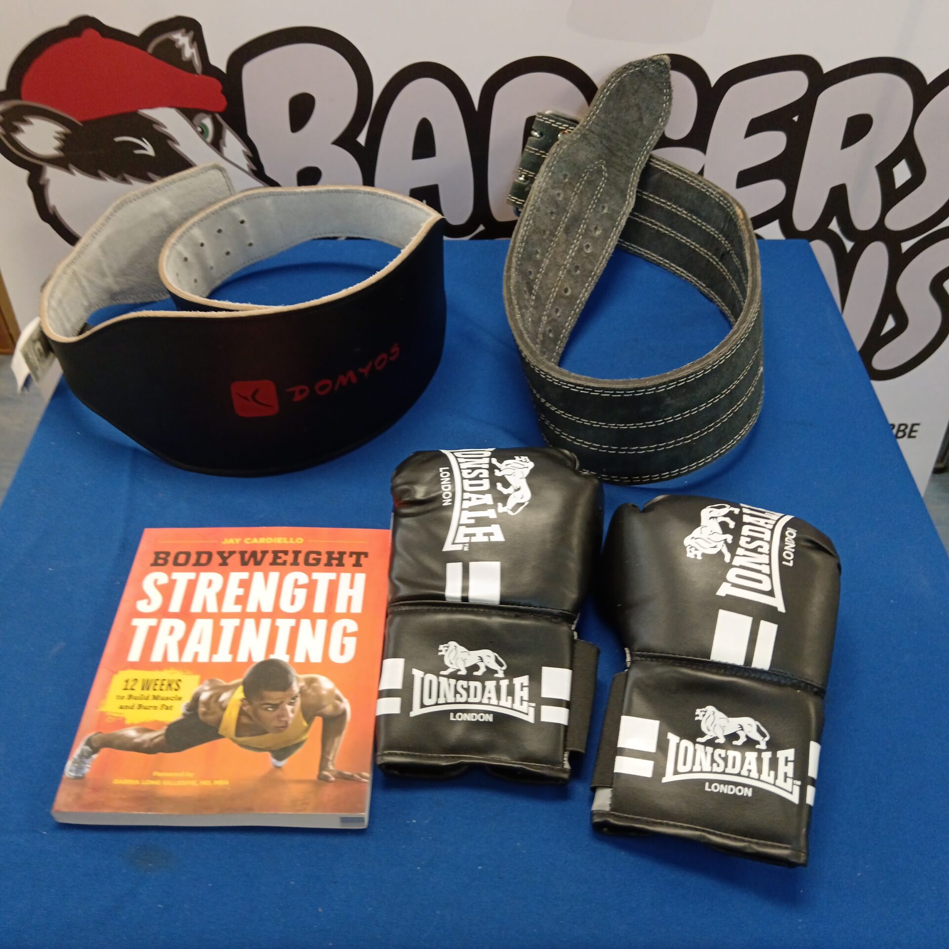 493 Weight lifting belts, boxing gloves & book