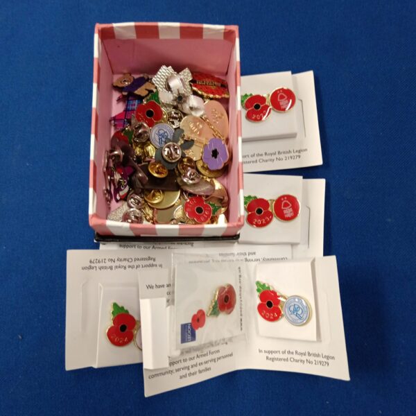 Collection of pin badges including poppies and Butlins designs.