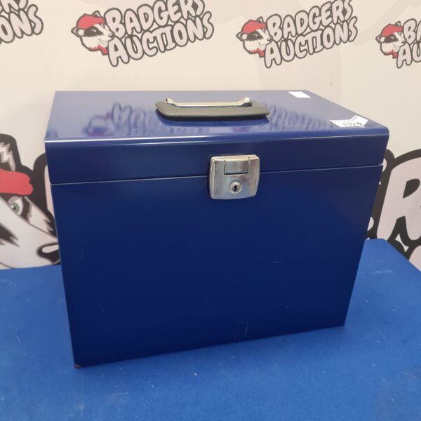 Vintage small metal filing box for document storage.