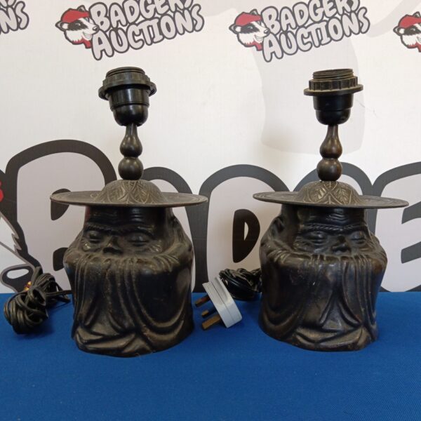 Antique bronze Chinese wise man table lamps needing rewiring.