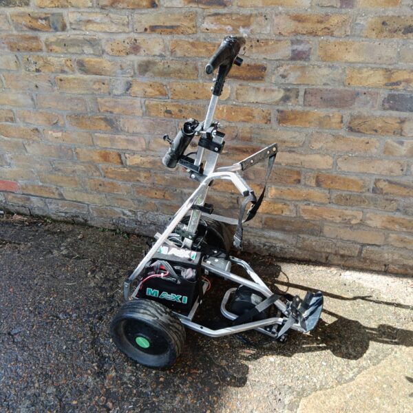 Green Hill electric golf trolley with folding design and charger.
