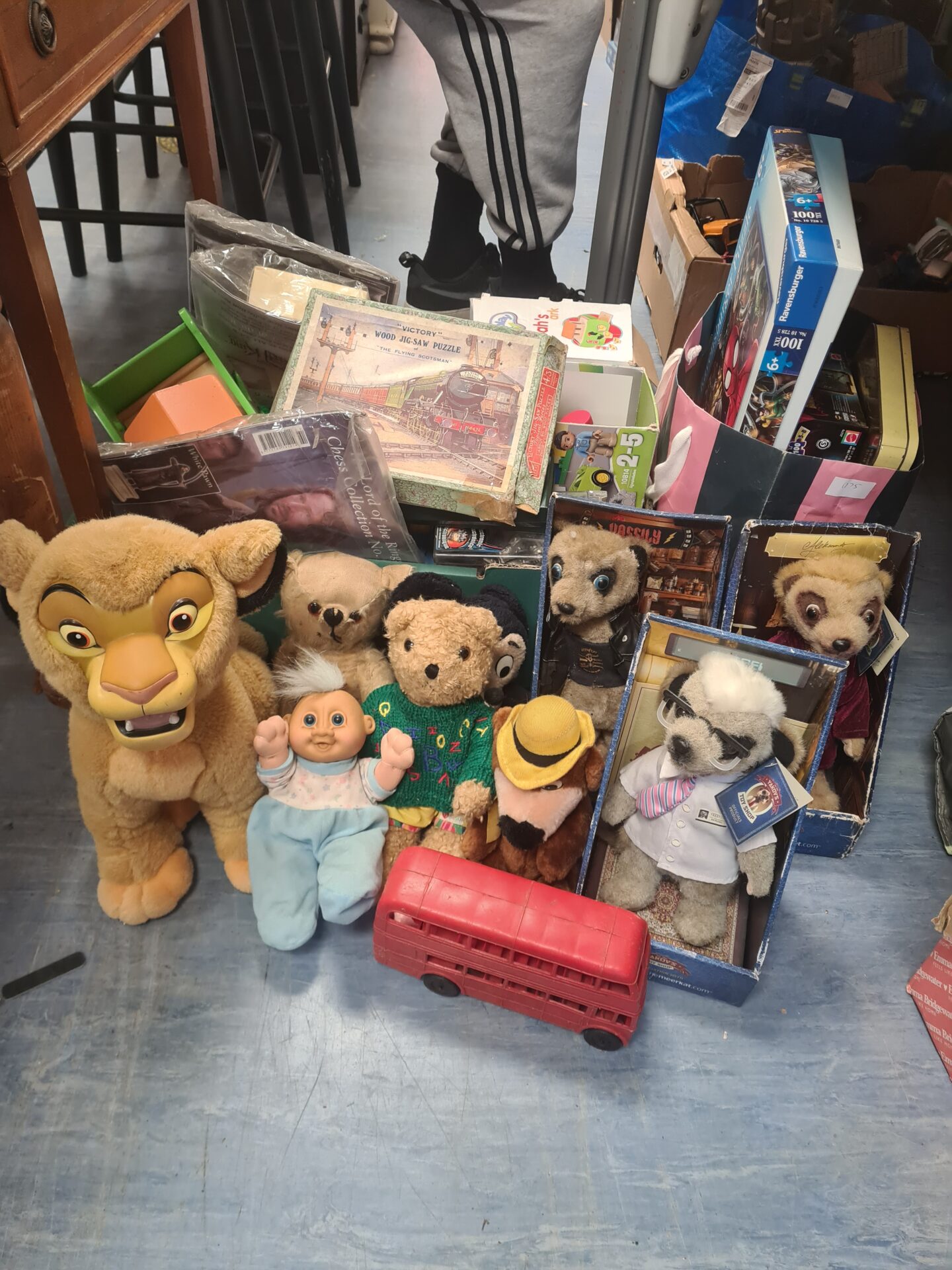 430 Job lot of mixed toys inc vintage meccano, compare the market plushes and vintage teddy bears