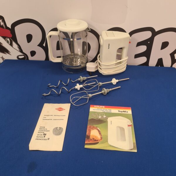 Vintage Krups mixer and Bodum coffee maker set for kitchen use.